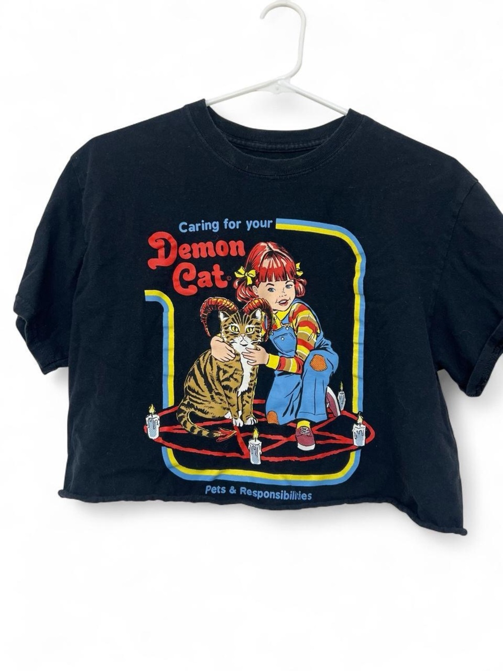 “Caring for your demon cat” Steven Rhodes graphic cropped Tshirt tee crop